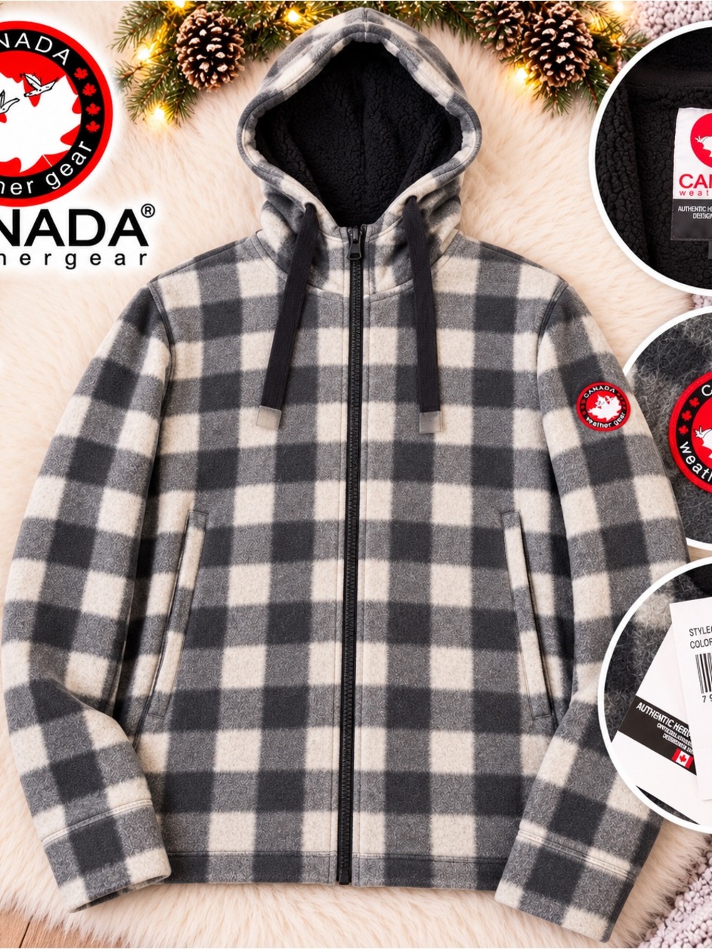 Canada Weather Gear Buffalo Plaid Sherpa Lined Full Zip Hoodie Gray & White Size